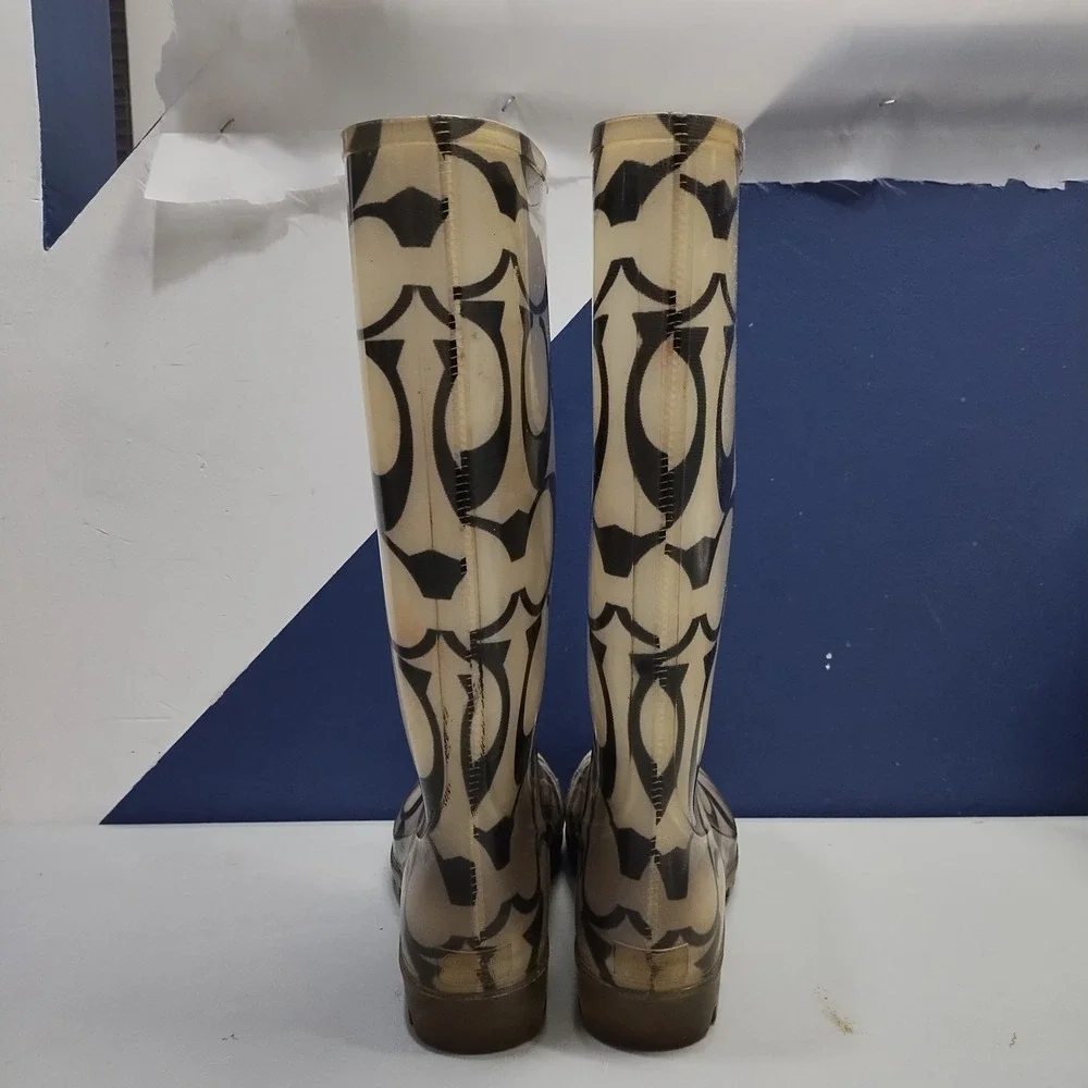 Coach Rain Boots Womens US 9 Multi Signature Logo Waterproof Mid Calf Pull On